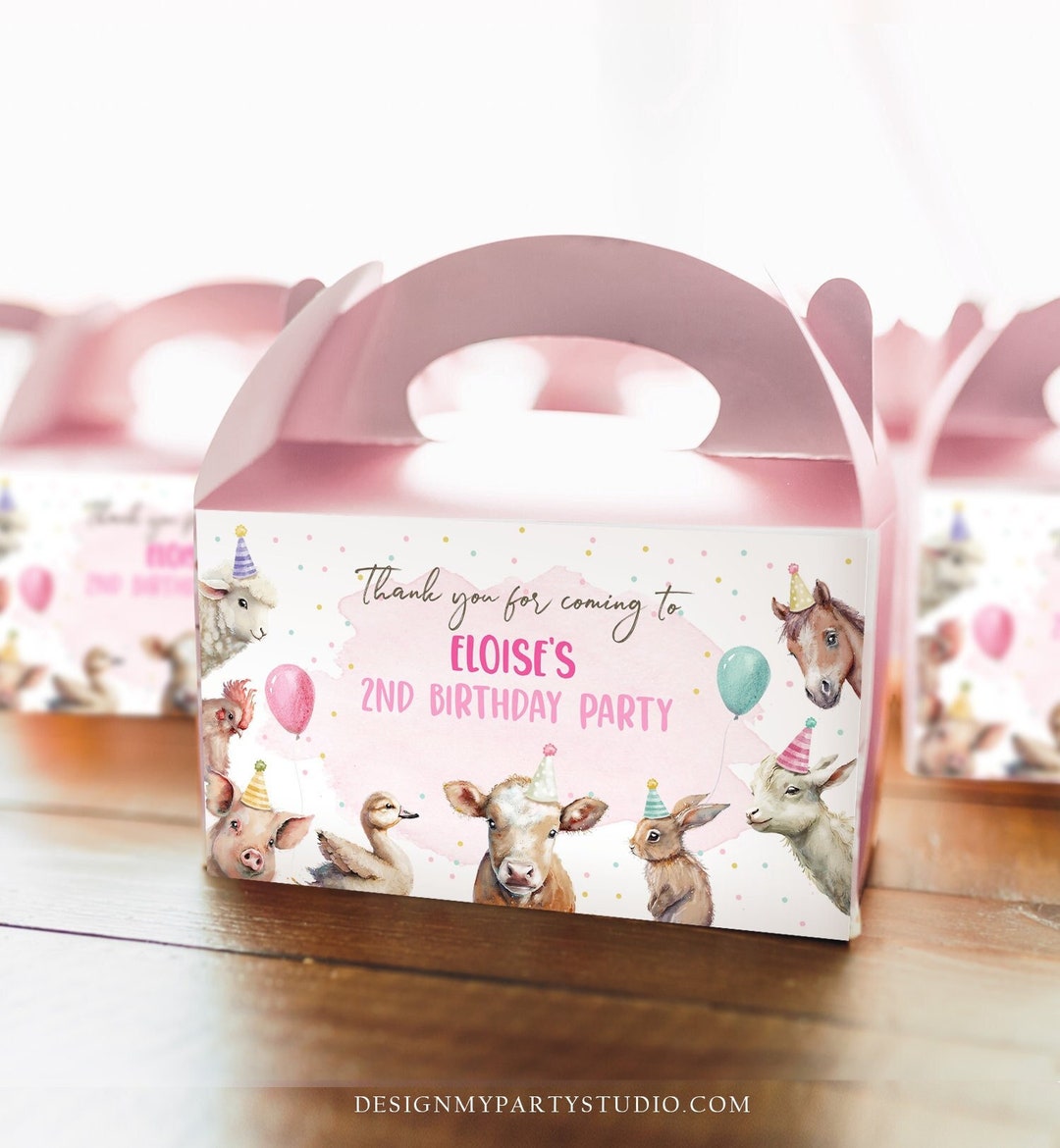 Editable Farm Animals Gable Gift Box Label Pink Farm Birthday Girl ...
