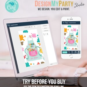 May include: A laptop and smartphone show a party invitation design. The invitation features an apron graphic with paint splatters and the text "THANK YOU". The design includes the text "DesignMyParty Studio" and "TRY BEFORE YOU BUY".