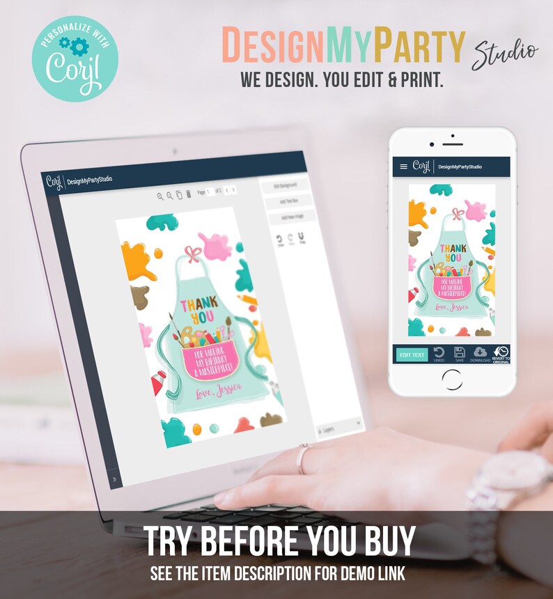 May include: A laptop and smartphone show a party invitation design. The invitation features an apron graphic with paint splatters and the text "THANK YOU". The design includes the text "DesignMyParty Studio" and "TRY BEFORE YOU BUY".