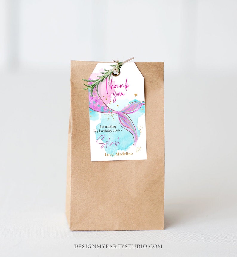 Editable Mermaid Birthday Favor Tags Under The Sea Thank you tags Mermaid Party Girl Pink Purple Gold Download Template Corjl PRINTABLE 0403 image 3