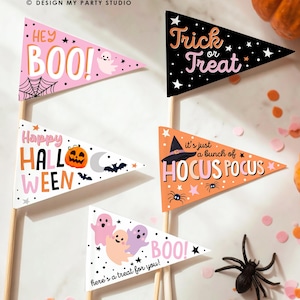 May include: A collection of Halloween-themed pennant flags on wooden sticks. The flags feature phrases like "Trick or Treat," "Happy Halloween," and "Hocus Pocus," along with illustrations of ghosts, pumpkins, and bats. The color palette includes black, orange, pink, and white.