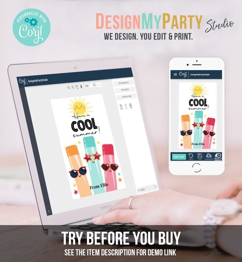 May include: A computer screen displaying a digital design template for a summer-themed greeting card. The card features a sun, three popsicles with faces, and the text "Have a Cool Summer!" The card is customizable with text and images.