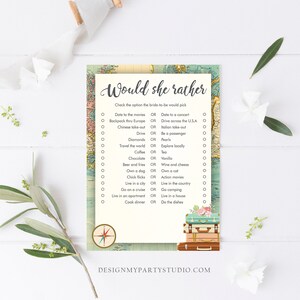Editable Would She Rather Bridal Shower Game Travel Would the Bride Wedding Shower Activity Vintage Map Party Corjl Template Printable 0044 image 2