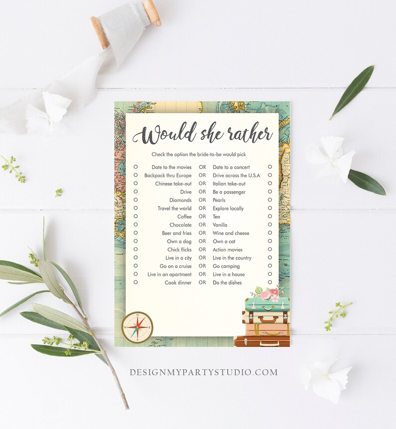 Editable Would She Rather Bridal Shower Game Travel Would the Bride Wedding Shower Activity Vintage Map Party Corjl Template Printable 0044 image 2
