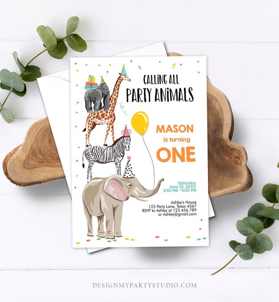 Editable Party Animals Birthday Invitation Wild One Animals Invitation Zoo Safari Animals Boy Instant Download Printable Corjl Template 0142 Il_570xn