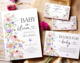 Editable Baby in Bloom Baby Shower Invitation Bundle Wildflower Baby Shower Invitation Suite Girl Digital Download Template Printable 0543
