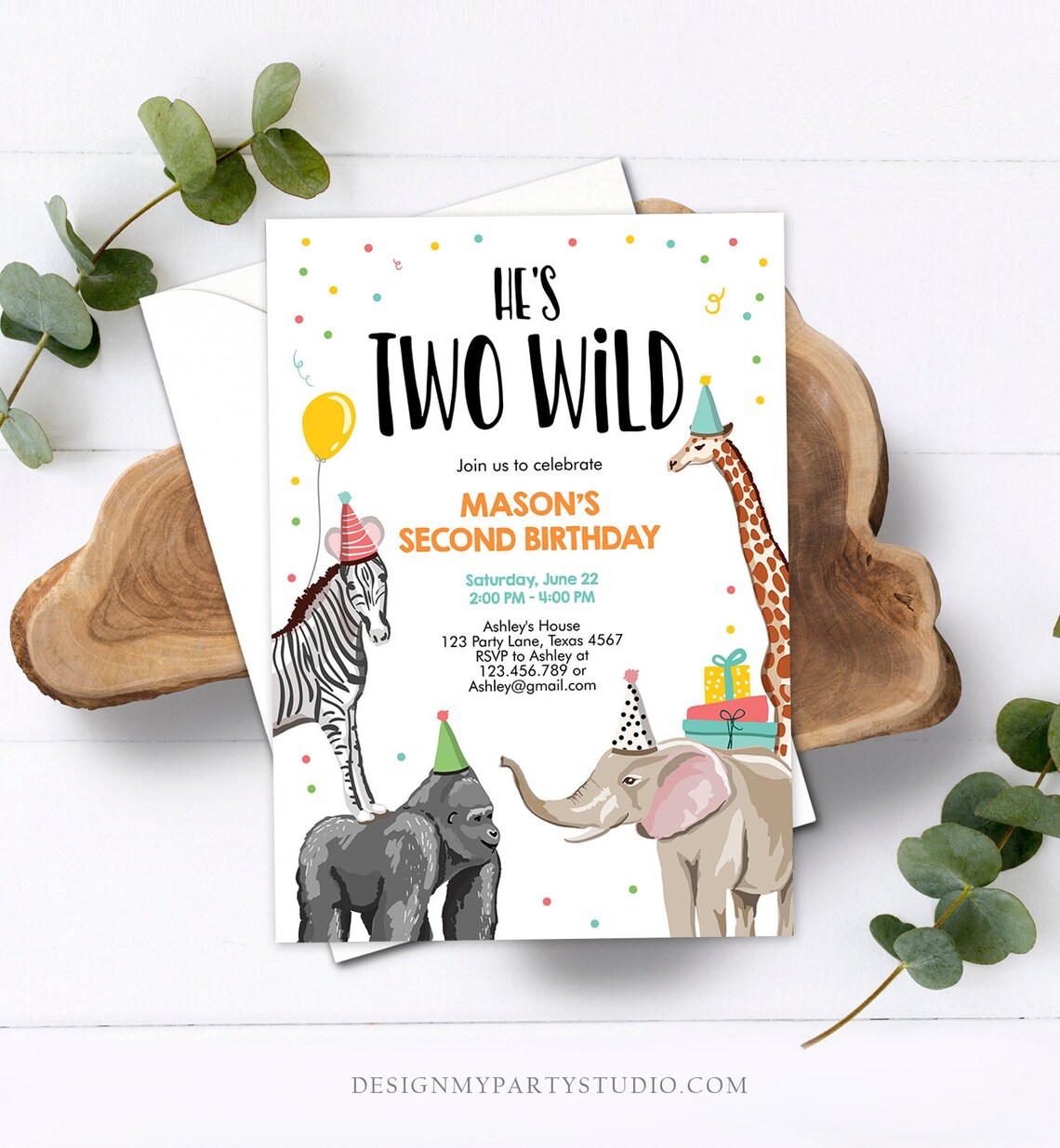Editable Two Wild Birthday Invitation Safari Animals Party Etsy