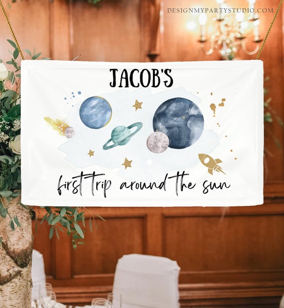 Editable Outer Space Backdrop Banner Space Birthday Boy First Trip Around the Sun Galaxy Planets Download Corjl Template Printable 0357 Il_570xn