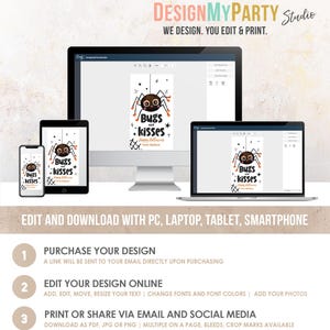 Pu&ograve; includere: Un modello di design digitale visualizzato su un monitor di computer, tablet e smartphone, con una grafica di ragno dei cartoni animati e il testo Bugs and kisses, Happy Halloween, DesignMyParty Studio, Edit and download with PC, laptop, tablet, smartphone.
