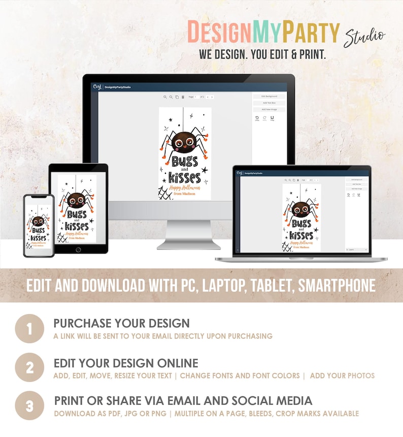 Pu&ograve; includere: Un modello di design digitale visualizzato su un monitor di computer, tablet e smartphone, con una grafica di ragno dei cartoni animati e il testo Bugs and kisses, Happy Halloween, DesignMyParty Studio, Edit and download with PC, laptop, tablet, smartphone.