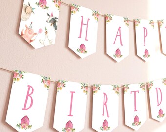 May include: A two-row birthday banner featuring white pennants strung on twine. The flags display pink letters spelling HAPPY BIRTHDAY, decorated with watercolor illustrations of farm animals in party hats, pink barns, and colorful floral accents.