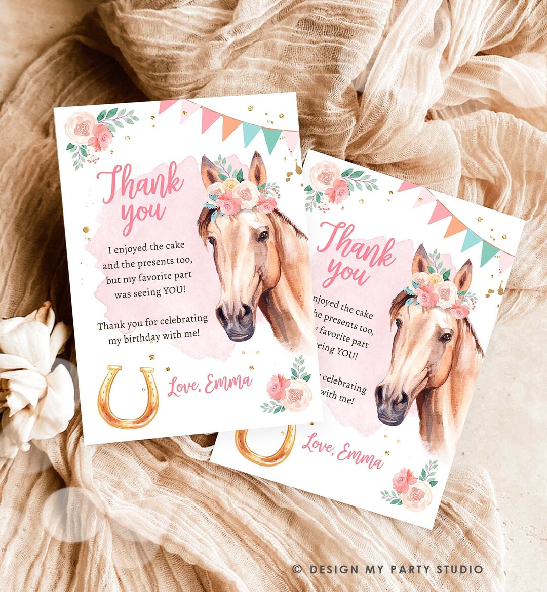 Editable Horse Birthday Thank You Card Card Girl Horse Party Cowgirl ...
