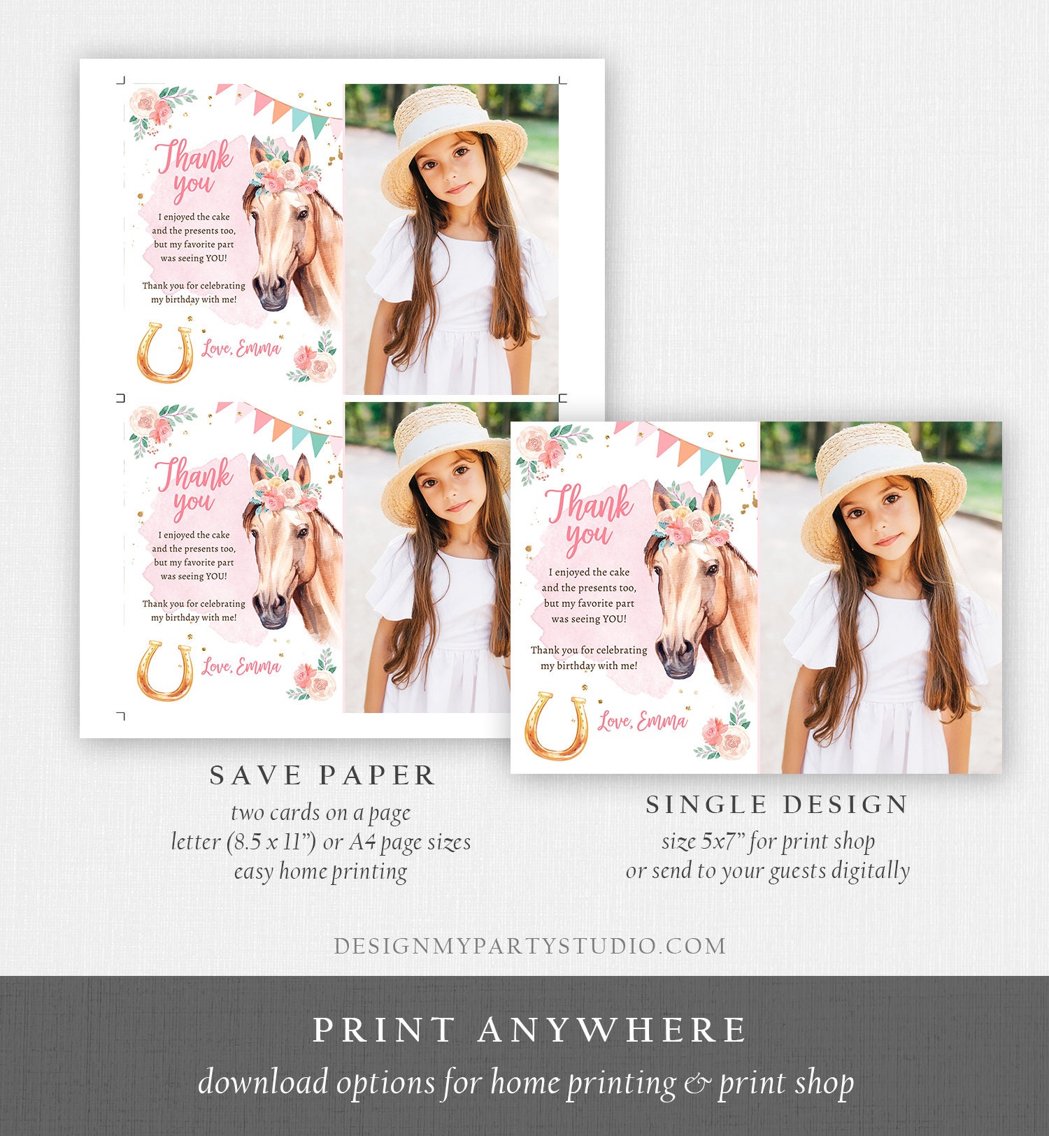 Editable Horse Thank You Card Note Girl Birthday Party Cowgirl ...