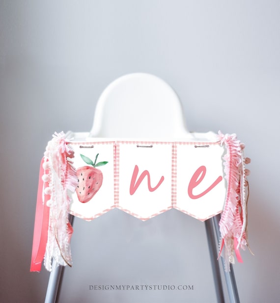 Strawberry High Chair Banner Berry First Birthday Girl 1st Strawberry Garland High Chair Banner ONE Fruit Party Decor PRINTABLE Digital 0399 Il_570xn