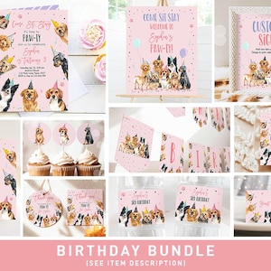 Dog Birthday Invitation Bundle Dogs Puppy Party Pink Birthday Come Sit Stay Girl 1st Birthday Digital Download Template Printable 0384