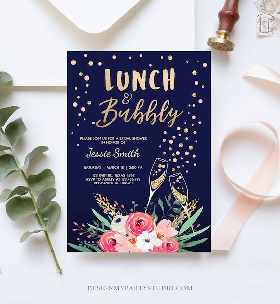 Editable Lunch and Bubbly Bridal Shower Invite Floral Champagne Gold Pink Navy Wedding Brunch Download Printable Template Digital Corjl 0318 Il_570xn