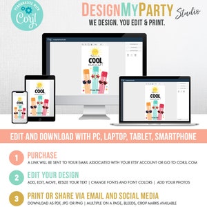 May include: A digital design template for a summer-themed party invitation. The template features a colorful illustration of popsicles with sunglasses and the text "Have a Cool Summer!"  The template is available for editing and printing on a computer, laptop, tablet, or smartphone.