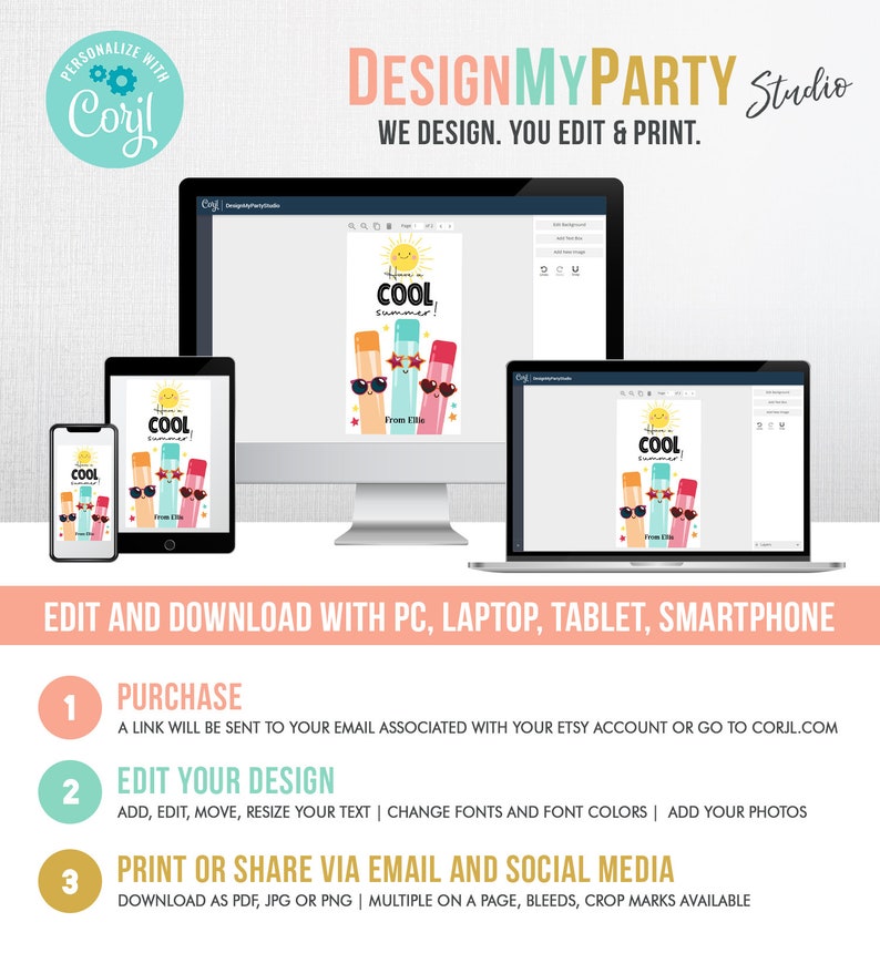 May include: A digital design template for a summer-themed party invitation. The template features a colorful illustration of popsicles with sunglasses and the text "Have a Cool Summer!"  The template is available for editing and printing on a computer, laptop, tablet, or smartphone.