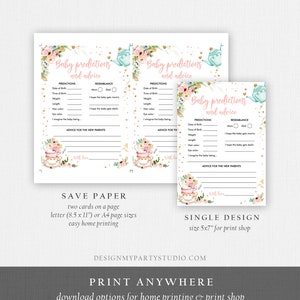 Puede incluir: Cartas de juego de baby shower imprimibles con un dise&ntilde;o floral y una taza de t&eacute;. Las tarjetas presentan una lista de predicciones y consejos para los nuevos padres. El texto en las tarjetas dice "Predicciones de beb&eacute; y consejos".