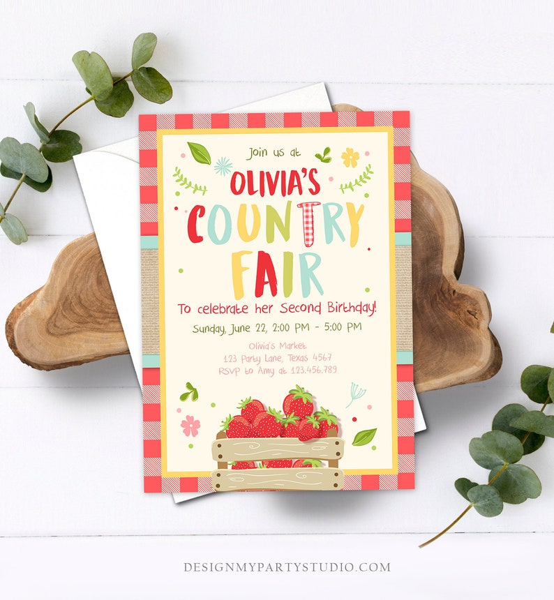 Editable Country Fair invitation Red Gingham Strawberry Home Grown Veggies Farm Fruits Market Download Printable Invite Template Corjl 0223 image 3
