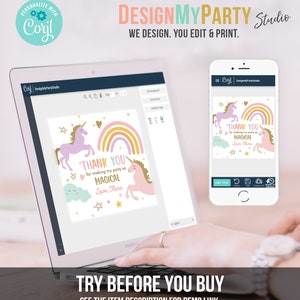 May include: A digital mockup of a thank you card featuring a rainbow, two unicorns, and the text "Thank you for making my party so magical. Love, Olivia."