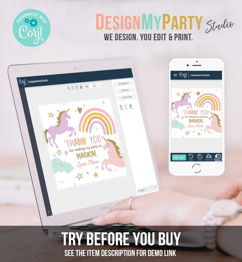 May include: A digital mockup of a thank you card featuring a rainbow, two unicorns, and the text "Thank you for making my party so magical. Love, Olivia."