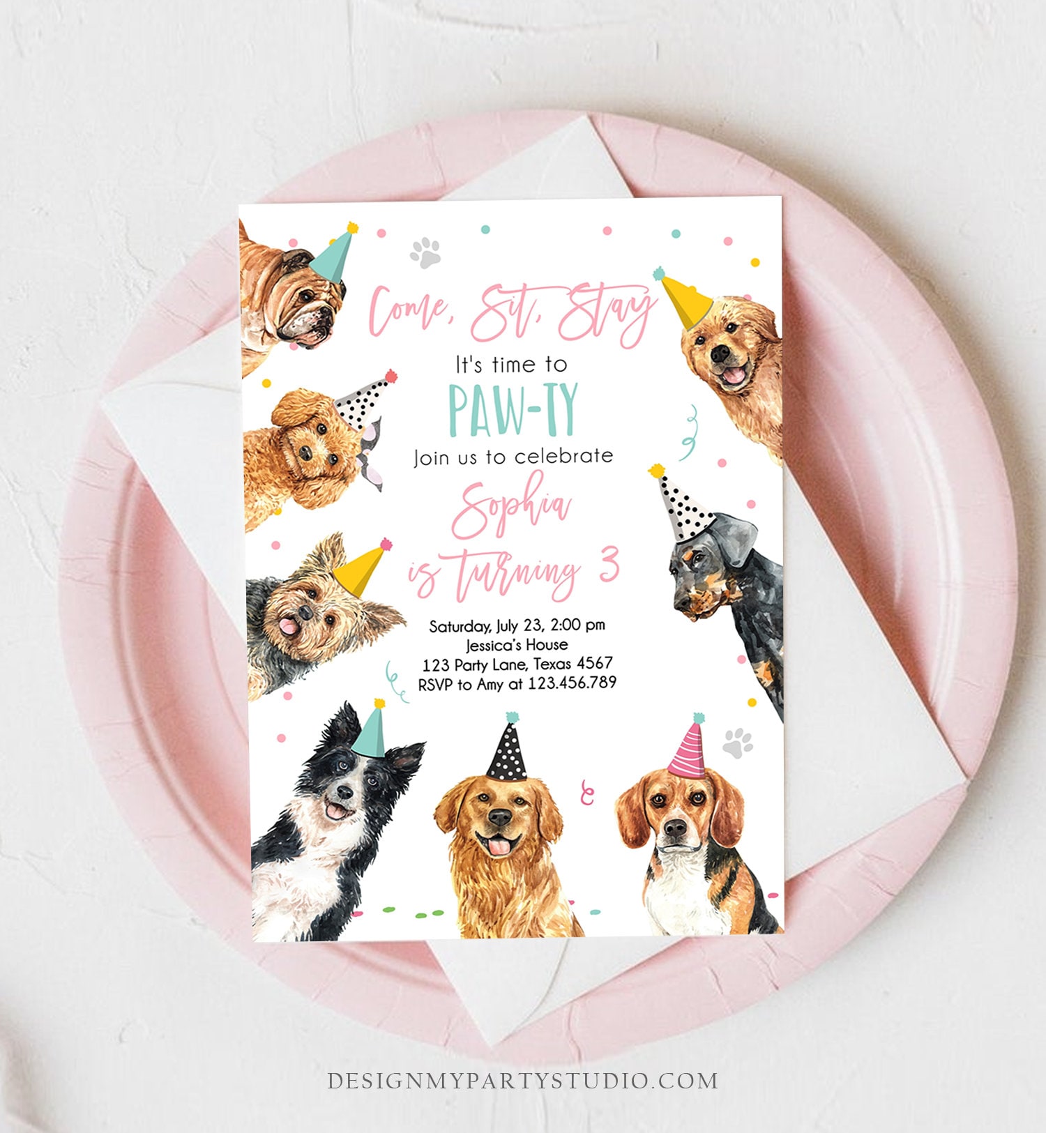 Editable Dog Birthday Party Invitation Puppy Birthday Invite Pink Girl ...