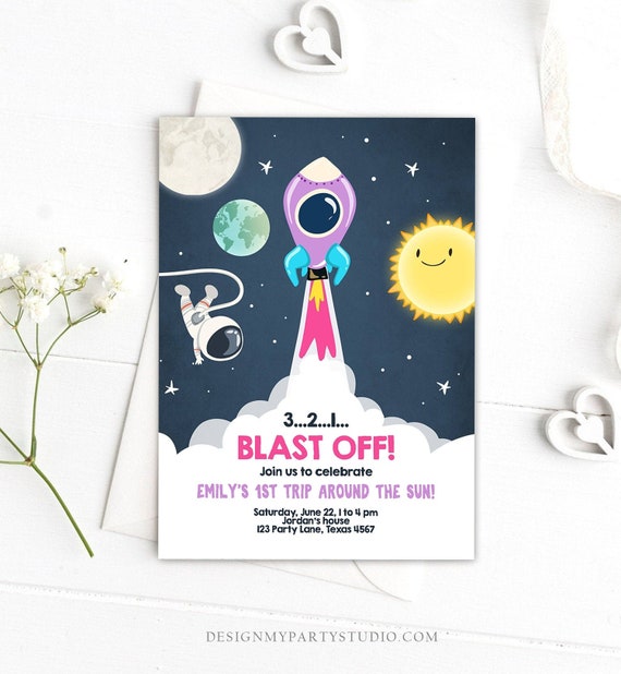 Editable Outer Space Birthday Invitation Girl Rocket Astronaut Space Ship Blast Off Download Printable Template Digital Corjl 0046 Il_570xn