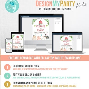 May include: A digital design template for a farm-themed first birthday party. The template features a red barn, a pig, a sheep, a chicken, and a cow. The text on the template reads "Welcome to Mason's 1st Birthday Party!" The template is available for purchase and can be edited online.