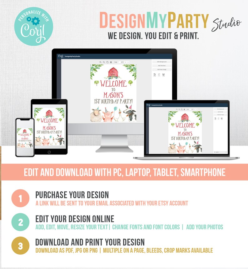 May include: A digital design template for a farm-themed first birthday party. The template features a red barn, a pig, a sheep, a chicken, and a cow. The text on the template reads "Welcome to Mason's 1st Birthday Party!" The template is available for purchase and can be edited online.