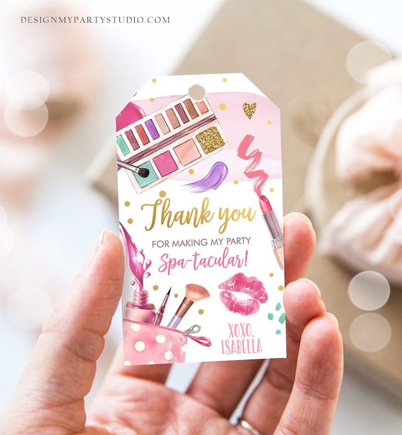 Editable Spa Party Favor Tags Glamour Party Thank You Tags Spa Birthday Girl Make up Party Glam Pink Gift Tag Digital Corjl Template 0420 image 1
