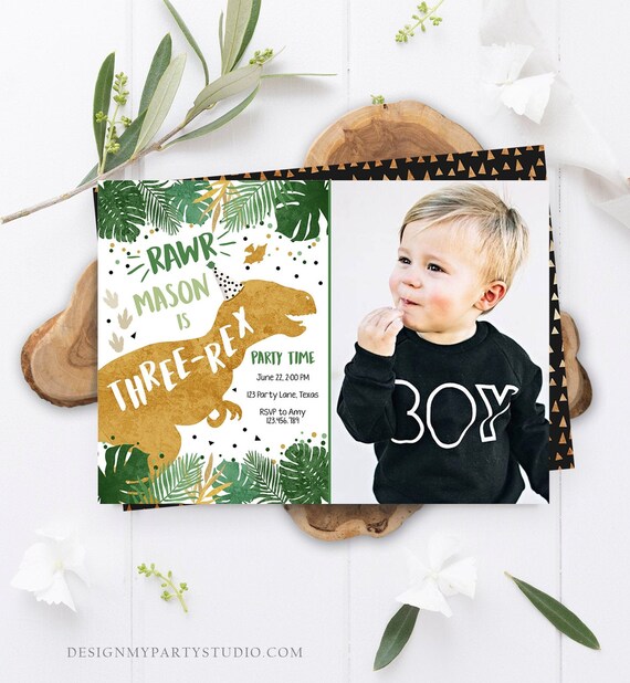 Editable Gold Dinosaur Birthday Invitation ANY AGE Dino Party T-Rex Prehistoric Rawr Girl Pink Gold Download Printable Corjl Template 0146