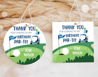 Editable Golf Favor Tags Golf Thank You Par-tee Stickers Golfing Birthday Hole in One 1st Birthday Boy Gift Tag Download Corjl Template 0405