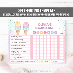 Editable Ice Cream Reward Chart Girls Chore Chart Kids Routine Chart Pink Girl Stars Purple Week Chore Chart Corjl Template Printable 0243