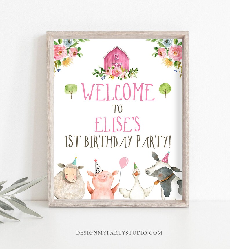 Peut inclure: Une pancarte d'accueil imprimable pour une f&ecirc;te d'anniversaire sur le th&egrave;me de la ferme. La pancarte repr&eacute;sente une grange rose, des fleurs et des animaux de la ferme portant des chapeaux de f&ecirc;te. Le texte indique "Bienvenue &agrave; la f&ecirc;te du 1er anniversaire d'Elise !"
