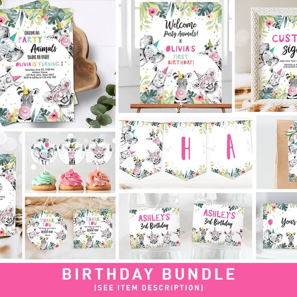 Party Animals Birthday Invitation Bundle Wild One Animals Zoo Safari Animals Girl Two Wild Party Pack Jungle Printable Corjl Template 0322