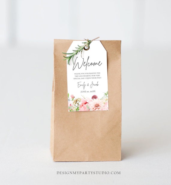 Editable Welcome Favor Tag Botanical Flowers Thank You Tags Bridal Shower Wedding Pink Flowers Foliage Peony Corjl Template Printable 0167 Il_570xn
