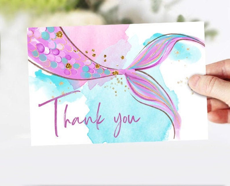 Mermaid Thank You Card Girl Mermaid Birthday Party Thank You Note Purple Gold Under The Sea Printable Instant Download Digital 0403 image 1