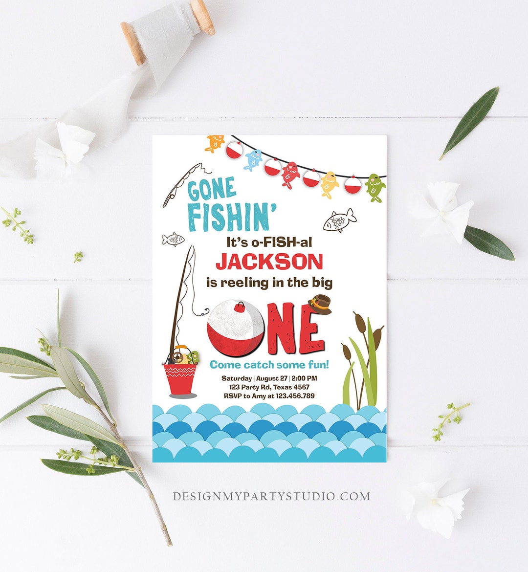 Editable First Birthday Fishing Invitation Fishing Party the Big One O ...