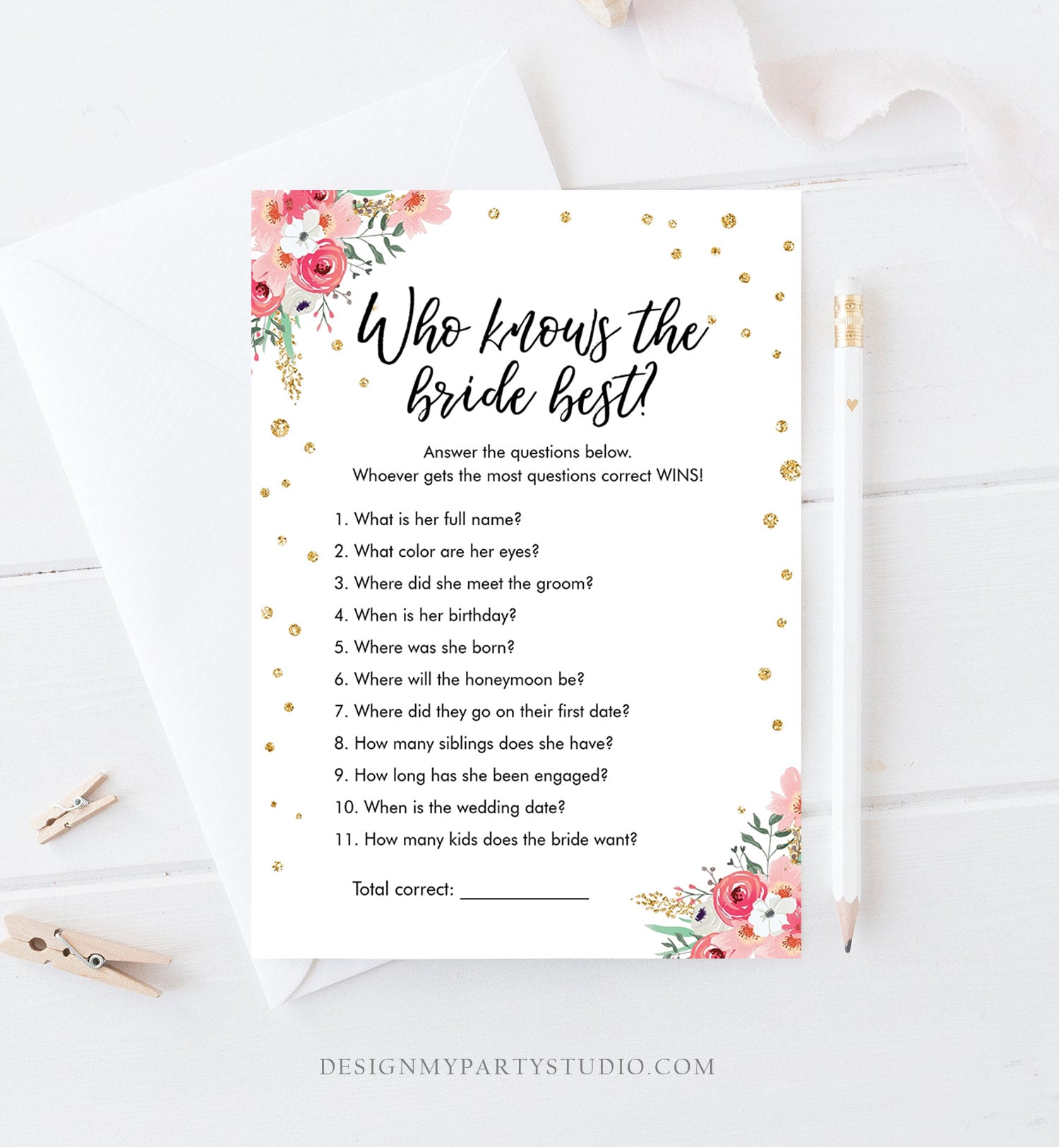 Floral Bridal Shower Games Activities Wedding He Said She Said Advice for Bride 
