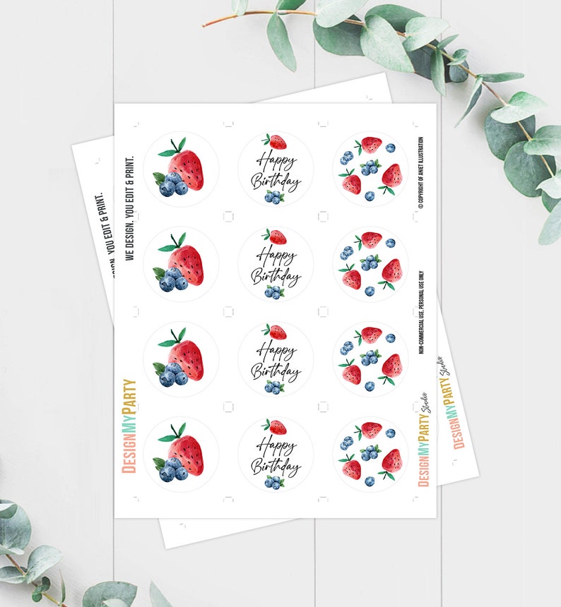 May include: Printable sticker sheet with eight round stickers featuring a watercolor illustration of strawberries and blueberries with the text "Happy Birthday".