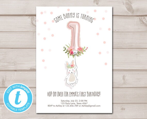 Some Bunny Birthday Invitation Girl Birthday Pink Gold 1st Birthday Bunny Party Printable Template Download Editable Templett 0117 Il_570xn