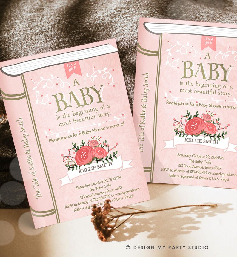May include: Pink and gold baby shower invitation with a book design. The text reads "A Baby is the beginning of a most beautiful story."  The invitation includes the date, time, location, and RSVP information.