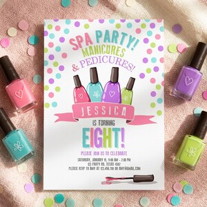 Redigerbar spa-födelsedagsinbjudan, manikyr, pedikyr, nagelsalongsfest, rosa lila flicka, direktnedladdning, utskrivbar Corjl-mall, digital 0210 bild 5