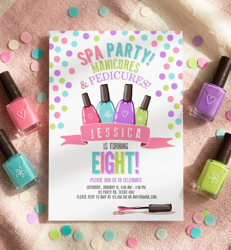 Redigerbar spa-födelsedagsinbjudan, manikyr, pedikyr, nagelsalongsfest, rosa lila flicka, direktnedladdning, utskrivbar Corjl-mall, digital 0210 bild 5