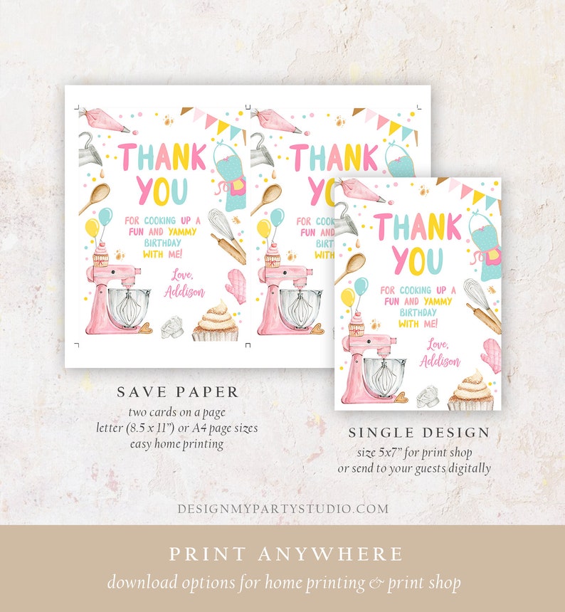 Editable Baking Thank You Card Kids Cooking Birthday Thank You Note ...
