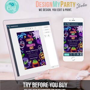 May include: A laptop and smartphone displaying a Halloween party invitation. The invitation features neon-style graphics of ghosts, bats, and pumpkins with the text "LIGHTS OUT FRIGHTS OUT". The design includes the text "TRY BEFORE YOU BUY" and "SEE THE ITEM DESCRIPTION FOR DEMO LINK".