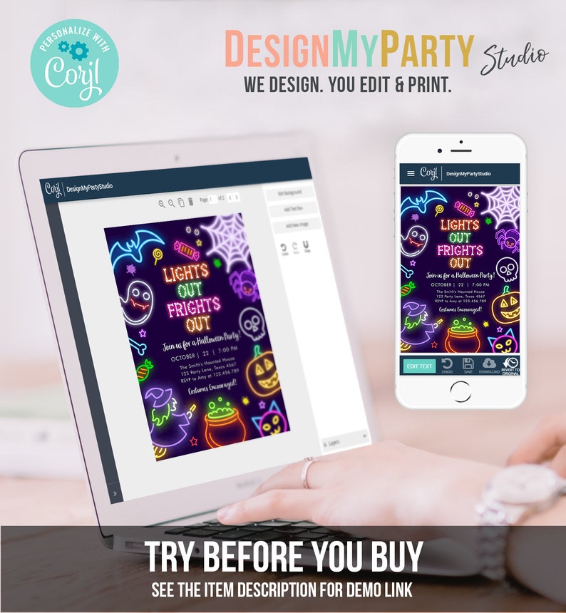 May include: A laptop and smartphone displaying a Halloween party invitation. The invitation features neon-style graphics of ghosts, bats, and pumpkins with the text "LIGHTS OUT FRIGHTS OUT". The design includes the text "TRY BEFORE YOU BUY" and "SEE THE ITEM DESCRIPTION FOR DEMO LINK".