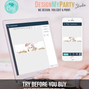 May include: A laptop and a smartphone displaying a website with a banner design featuring a unicorn, flowers, and the text "Happy Birthday". The website is called "DesignMyParty Studio" and the text "Try Before You Buy" is displayed below the image.