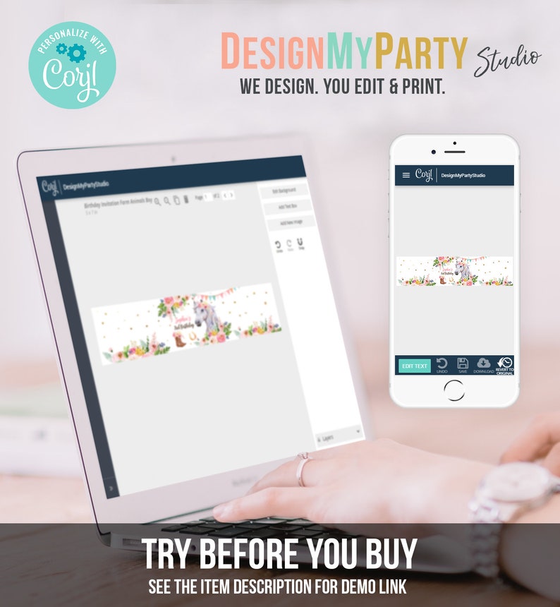 May include: A laptop and a smartphone displaying a website with a banner design featuring a unicorn, flowers, and the text "Happy Birthday". The website is called "DesignMyParty Studio" and the text "Try Before You Buy" is displayed below the image.